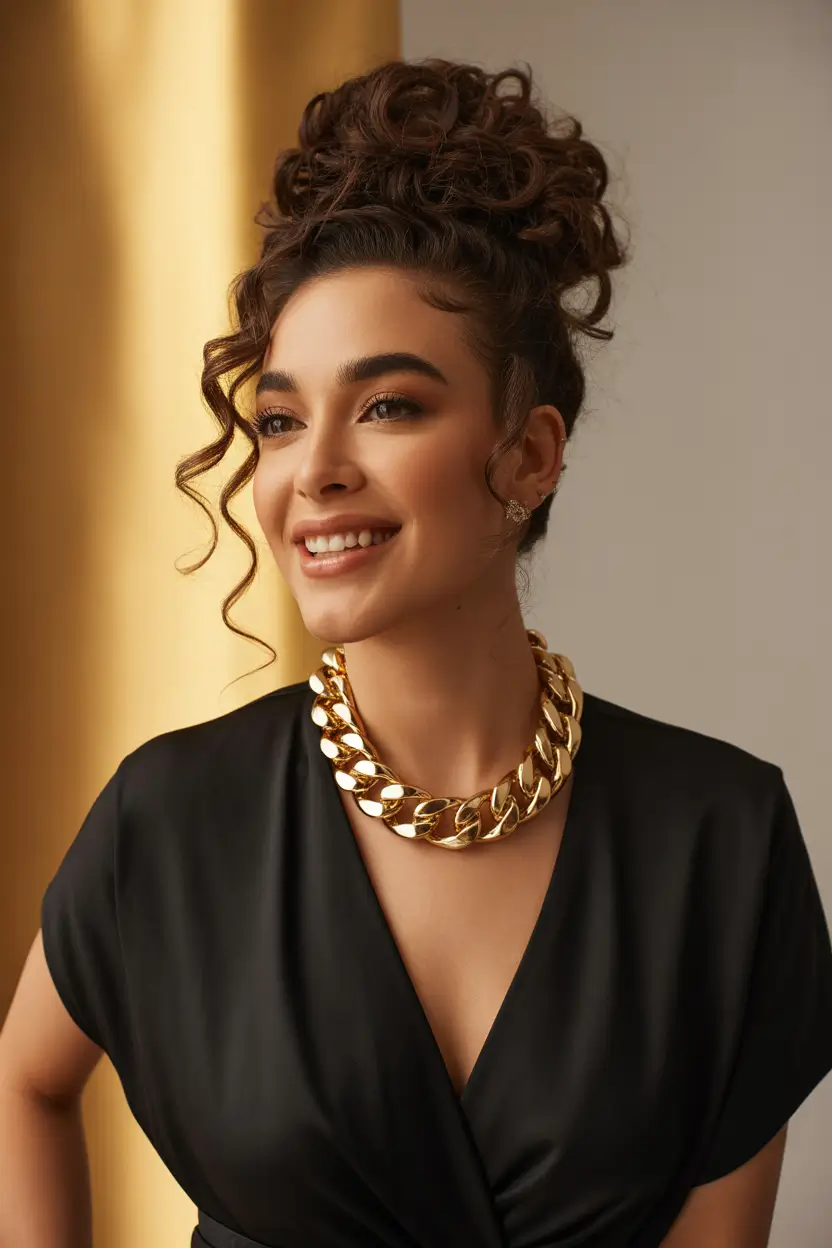 stylish spring buns hairstyle 2026 voluminous-curly-crown-bun-with-statement-jewelry-18