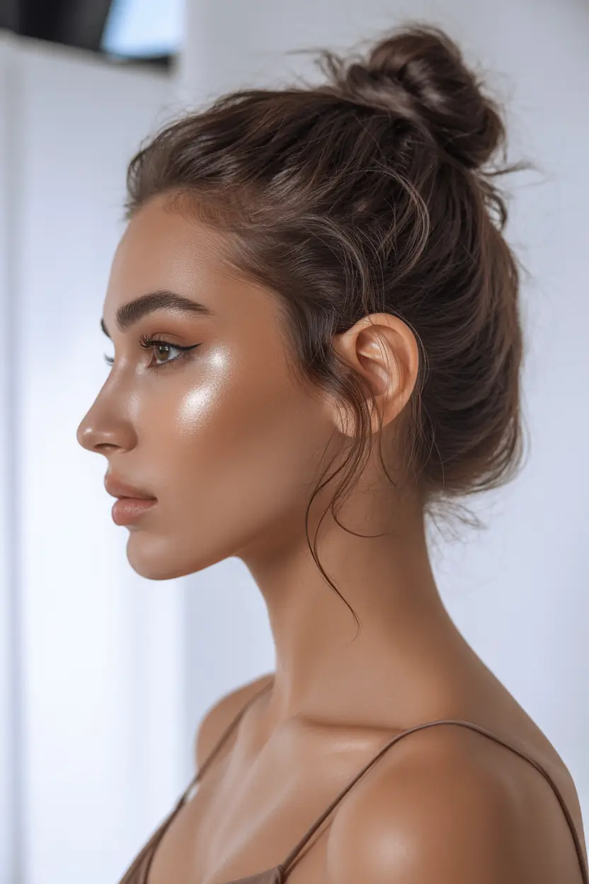 stylish spring buns hairstyle 2026 effortless-textured-top-knot-with-dewy-finish-19