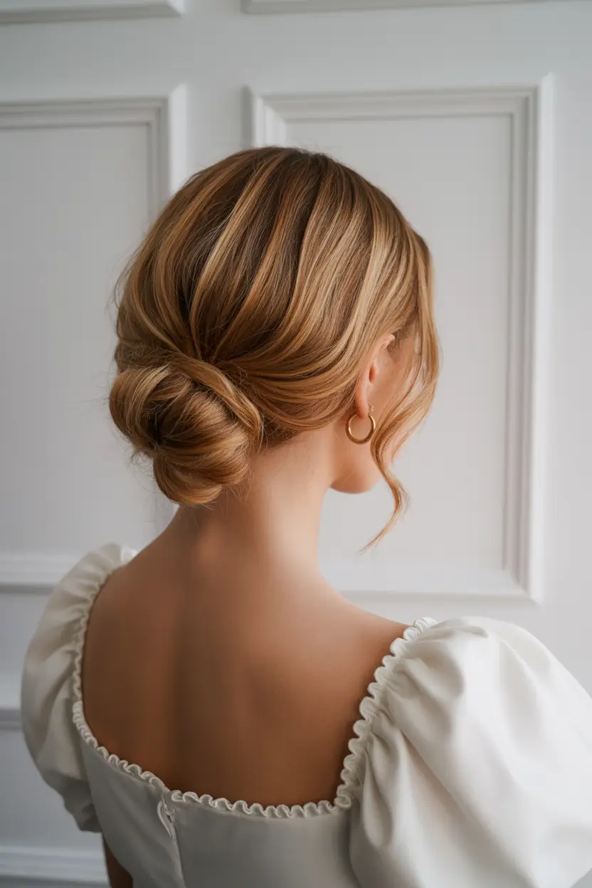 stylish spring buns hairstyle 2026 soft-twisted-low-bun-with-dimensional-blonde-highlights-20