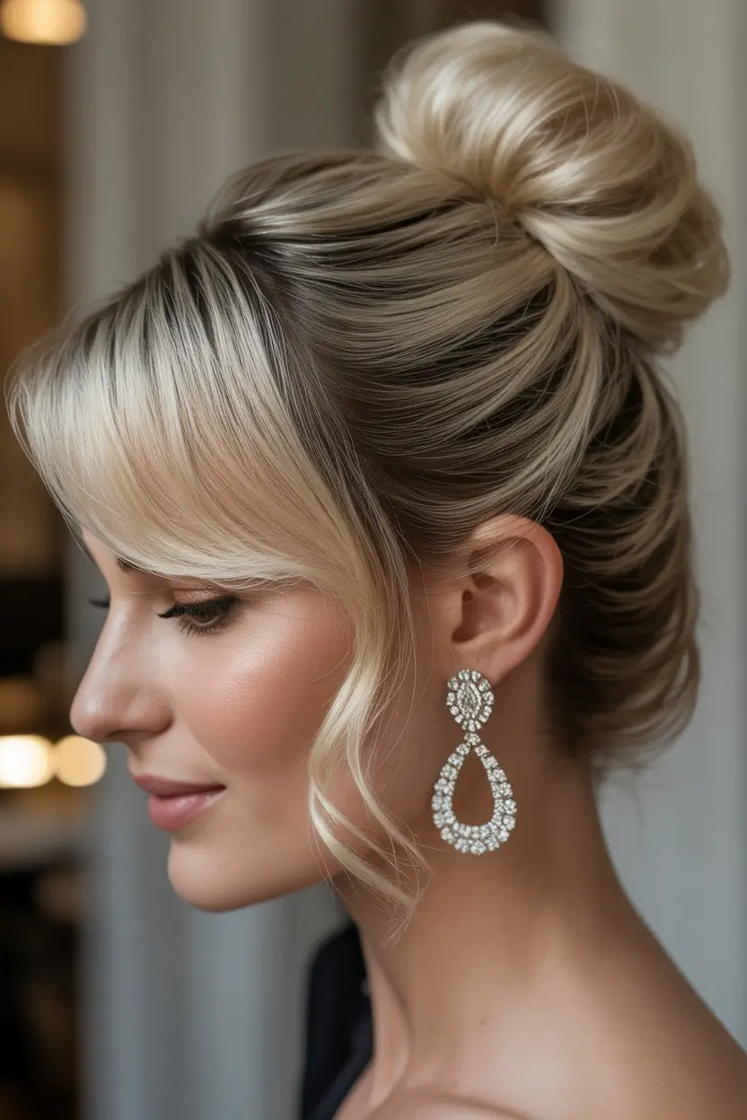 stylish spring buns hairstyle 2026 classic-blonde-top-knot-with-side-sweep