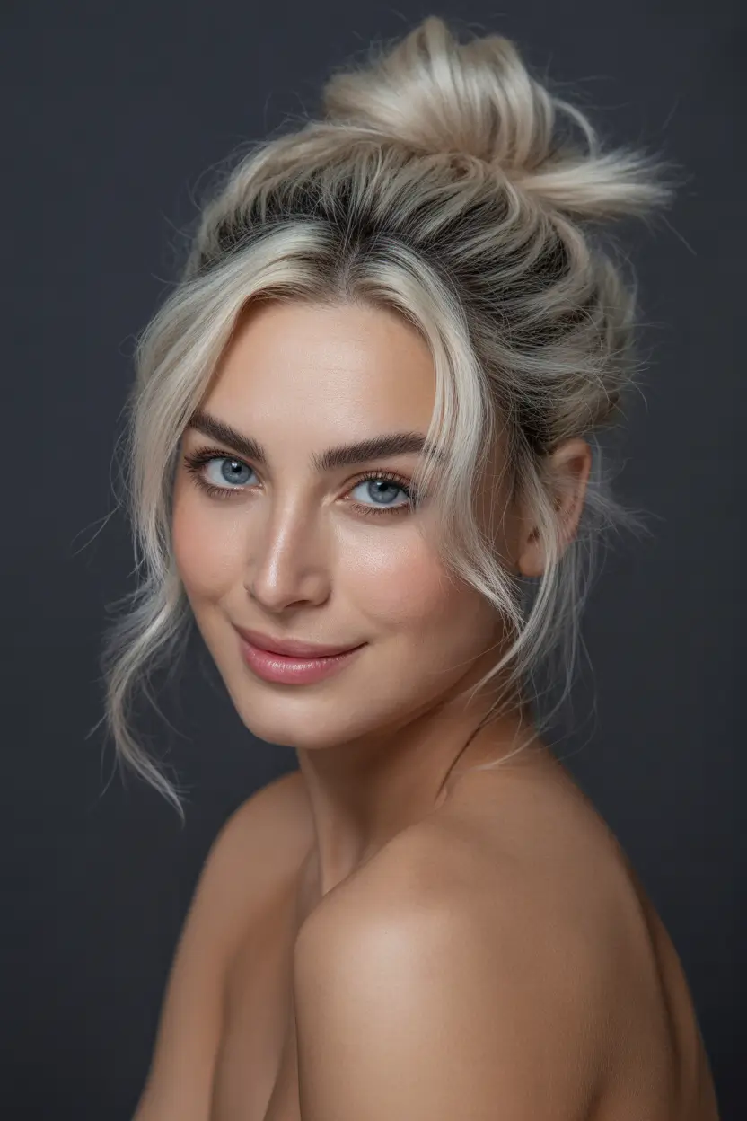stylish spring buns hairstyle 2026 soft-platinum-messy-bun-with-wispy-layers