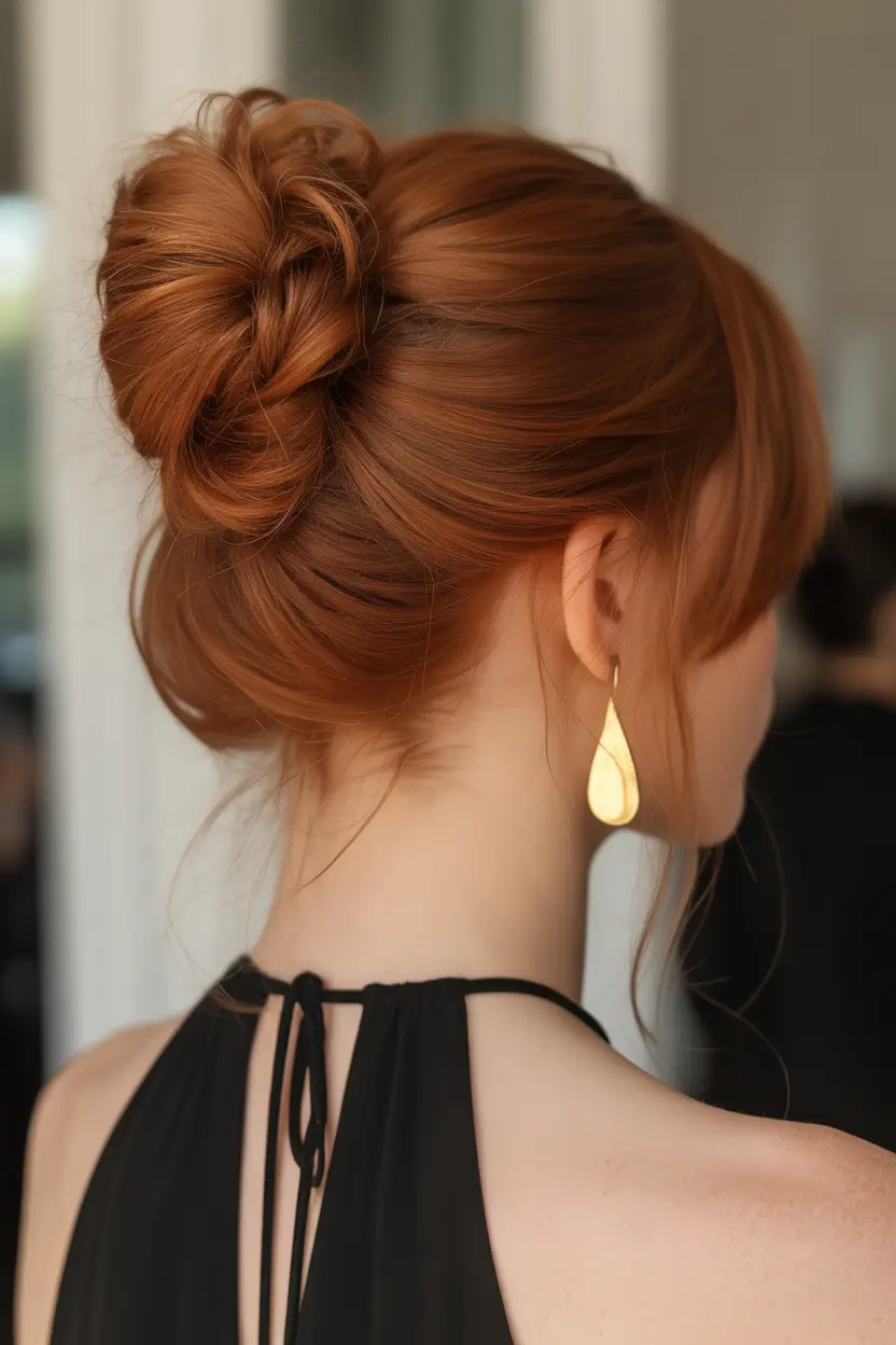 stylish spring buns hairstyle 2026 soft-copper-bun-with-romantic-fringe-7