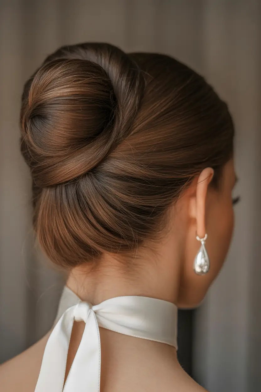 stylish spring buns hairstyle 2026 glossy-brunette-knot-with-sculpted-volume-9