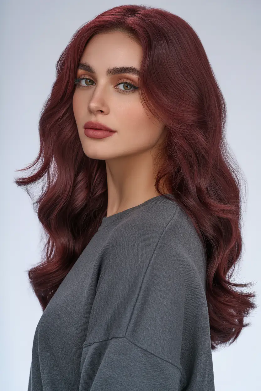 stylish spring hair color for warm skin tone 2026 velvety cherry wine waves