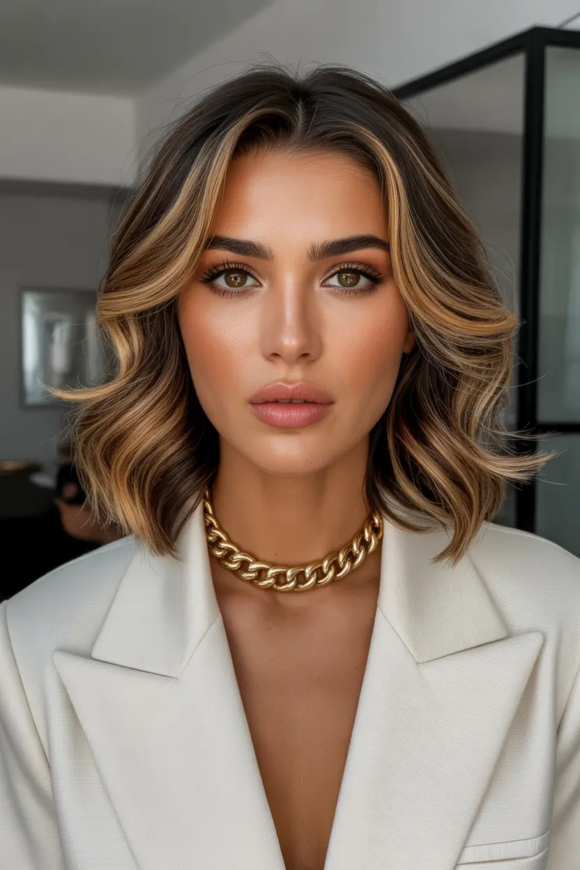 stylish spring hairstyle for medium length hair 2026 Soft Layered Luxe Waves With Dimensional Brunette Glow