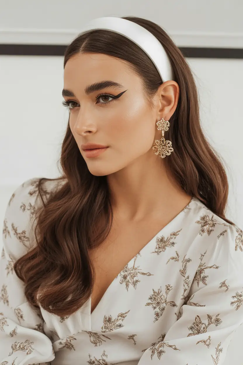 stylish spring hairstyle for medium length hair 2026 Sleek Headband Waves With Polished Brunette Shine 12