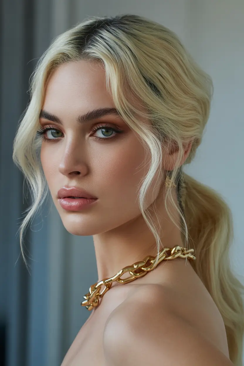 stylish spring hairstyle for medium length hair 2026 Low Blonde Ponytail With Soft Face Framing Layers 13