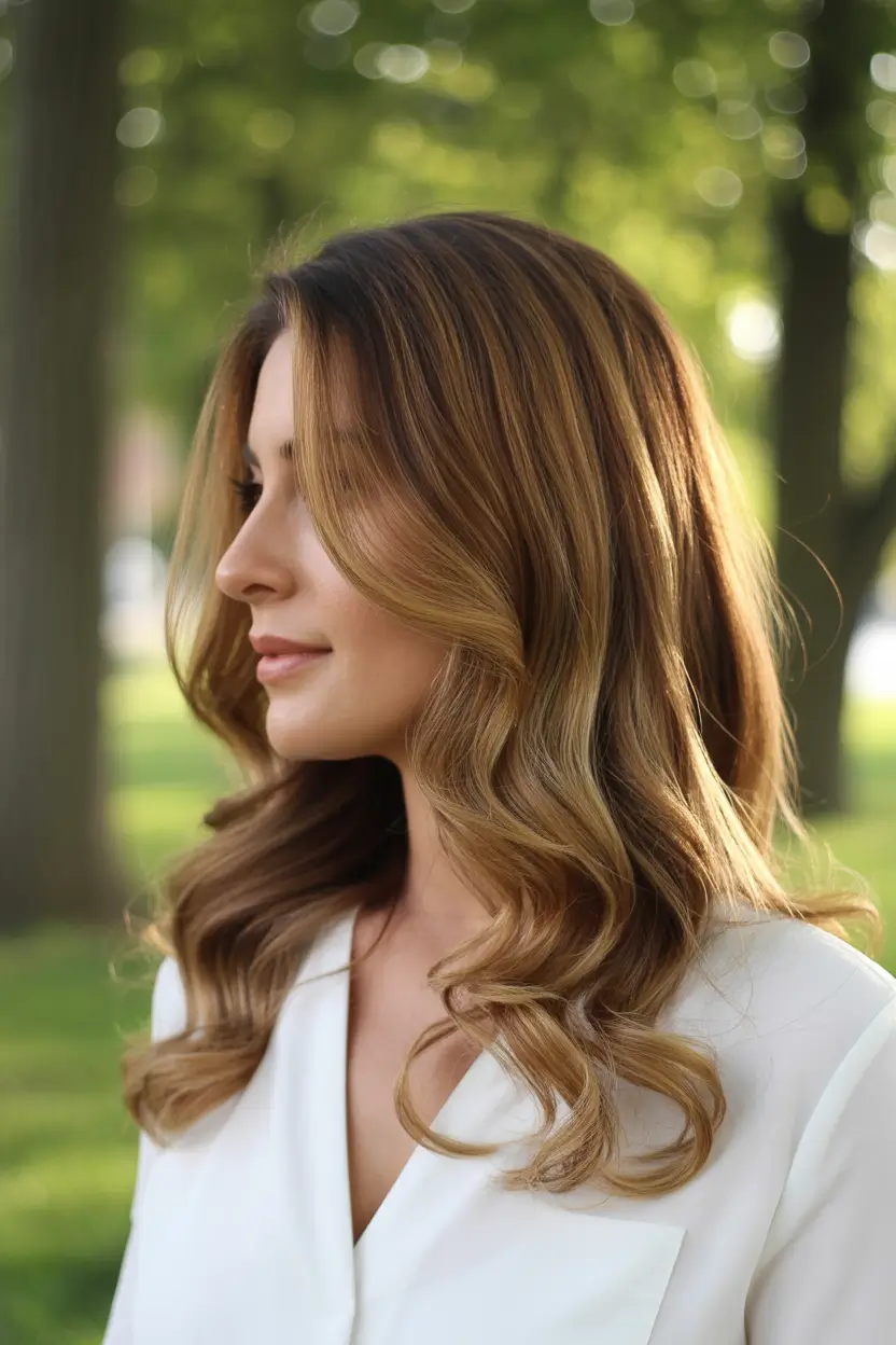 stylish spring hairstyle for medium length hair 2026 Glossy Caramel Waves With Seamless Long Layers 14
