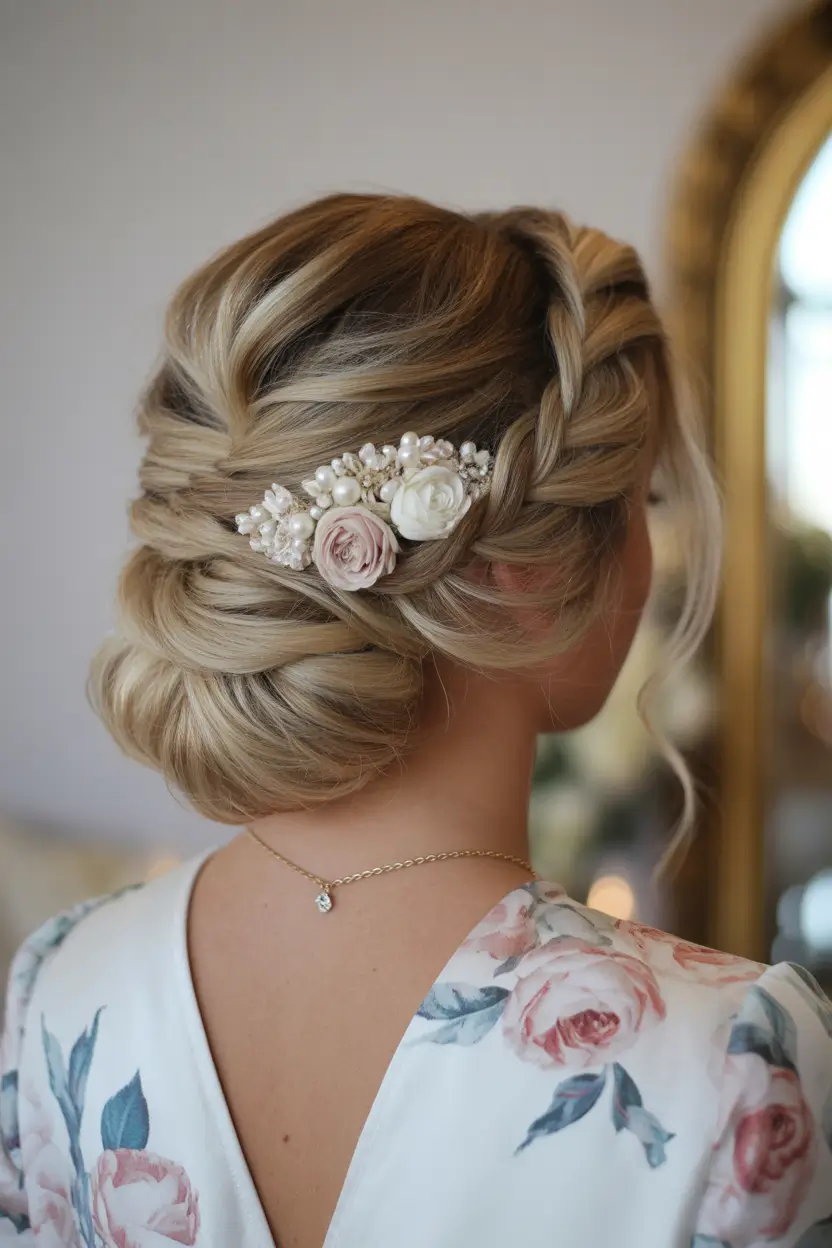 stylish spring hairstyle for medium length hair 2026 Romantic Floral Braided Low Bun With Pearl Accent 16