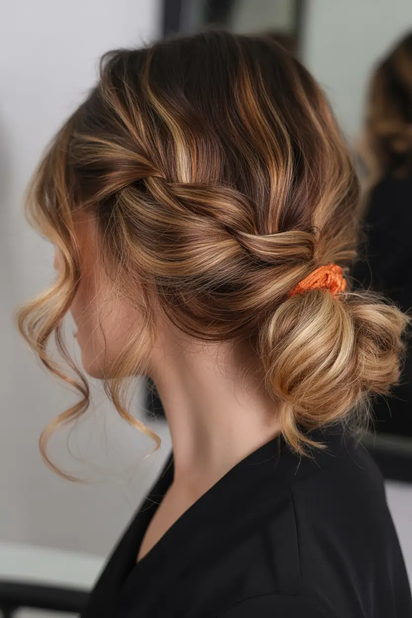 stylish spring hairstyle for medium length hair 2026 Twisted Low Bun With Caramel Dimension And Soft Tendrils 17