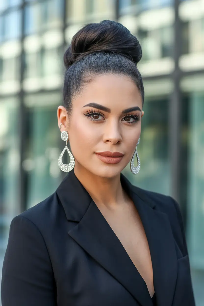 stylish spring hairstyle for medium length hair 2026 High Sleek Bun With Power Silhouette 18