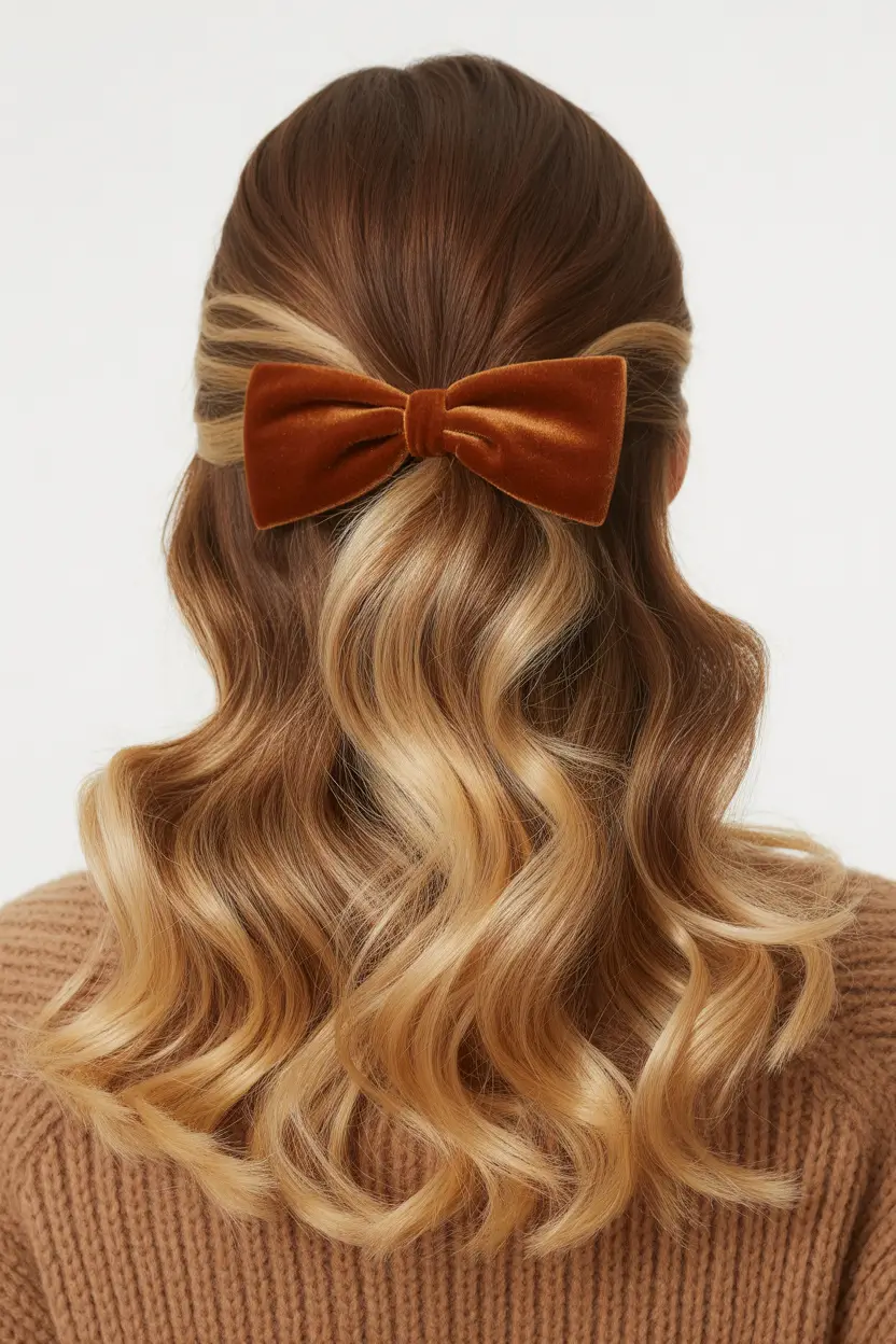 stylish spring hairstyle for medium length hair 2026 Half Up Velvet Bow With Golden Ribbon Waves