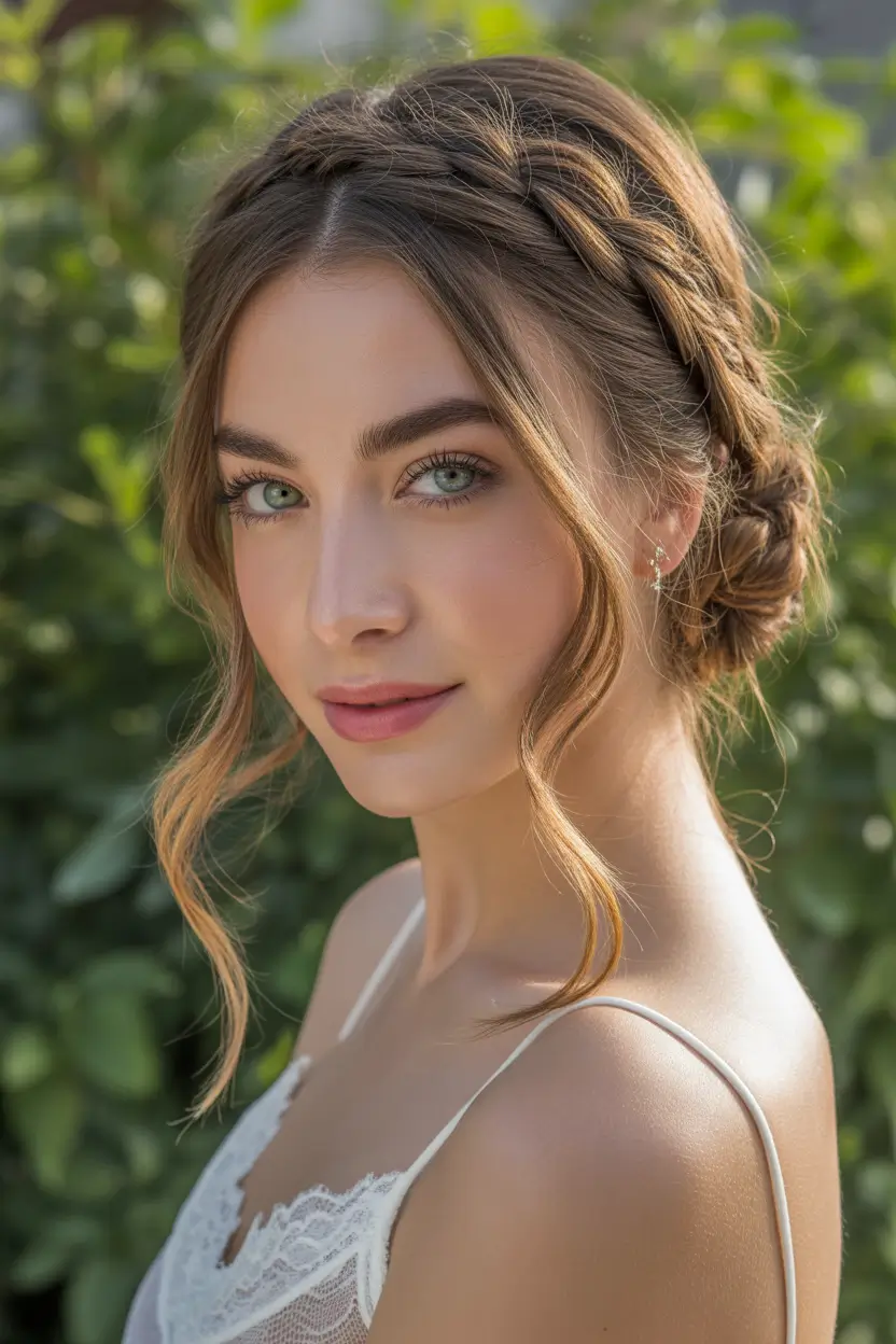 stylish spring hairstyle for medium length hair 2026 Romantic Braided Low Updo With Soft Face Framing Tendrils