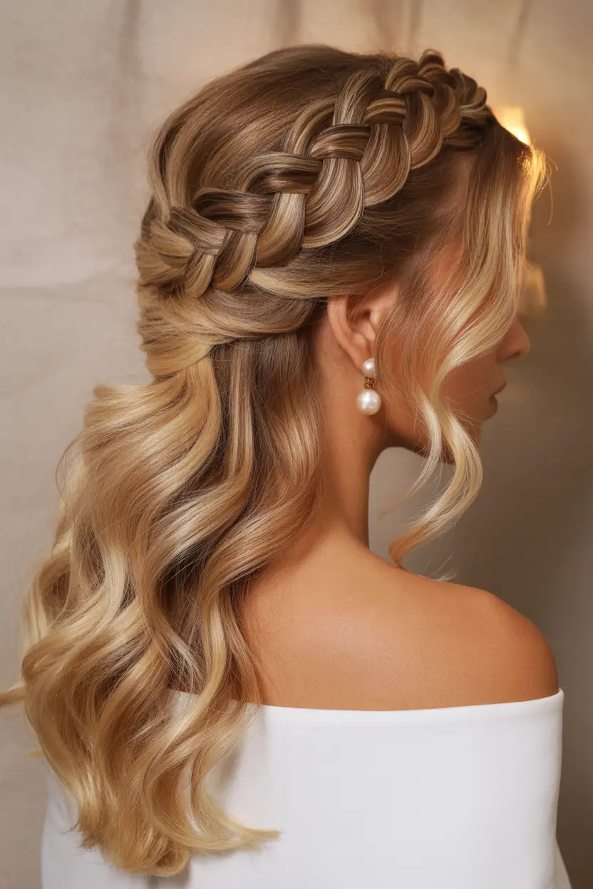 stylish spring hairstyle for medium length hair 2026 Textured Crown Braid With Cascading Blonde Lengths