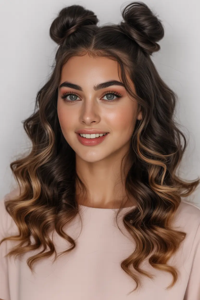 stylish spring hairstyle for medium length hair 2026 Playful Double Mini Buns With Glossy Brunette Curls 6