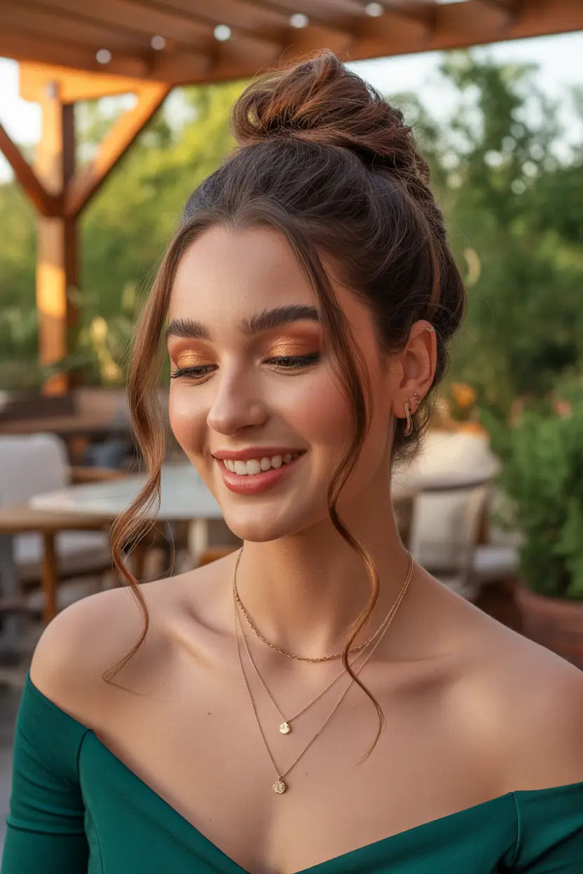 stylish spring hairstyle for medium length hair 2026 Soft Twisted High Bun With Face Framing Tendrils 7