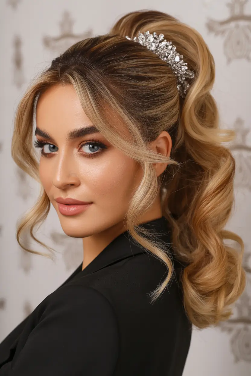 stylish spring hairstyle for medium length hair 2026 Voluminous Half Up Pony With Crystal Accent 8