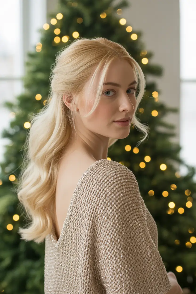 stylish spring hairstyle for medium length hair 2026 Minimal Half Back Style With Icy Blonde Soft Waves 9