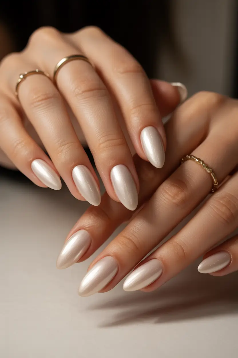 stylish spring nail colors 2026 pearl chrome almond glow 13