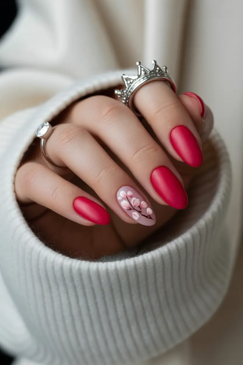 stylish spring nail colors 2026 matte raspberry blossom accent 14