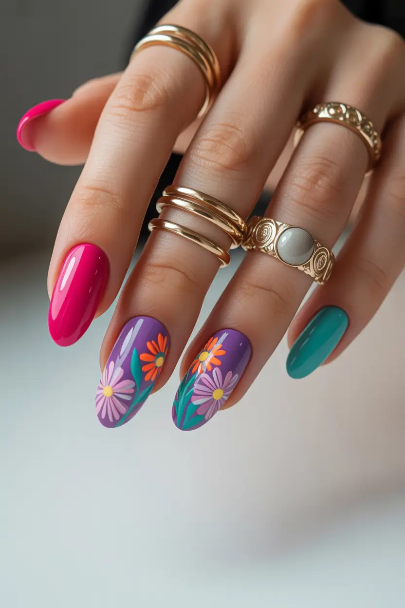 stylish spring nail colors 2026 color block floral mix 15