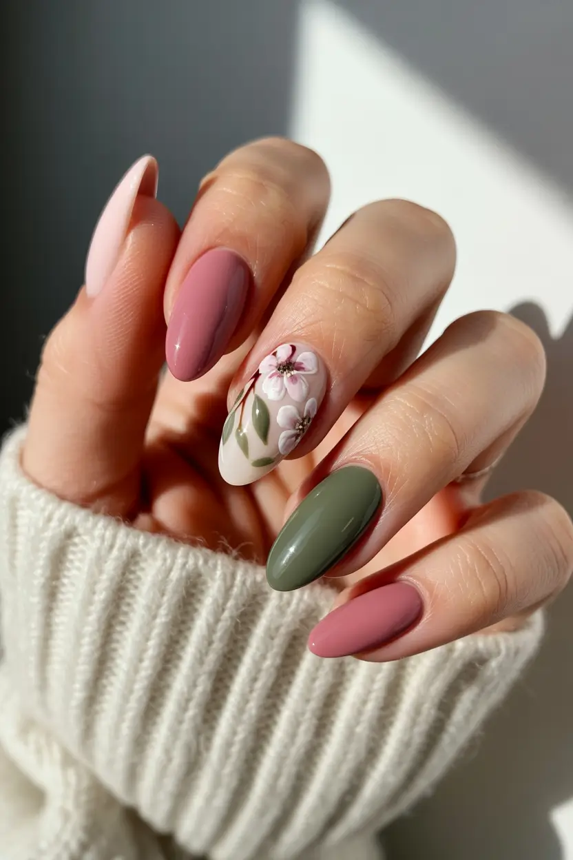 stylish spring nail colors 2026 muted rose and olive floral harmony 16