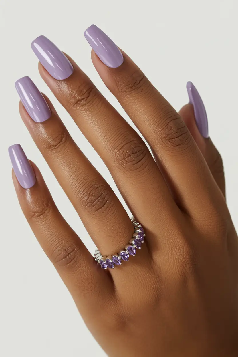 stylish spring nail colors 2026 glossy lilac long coffin 17
