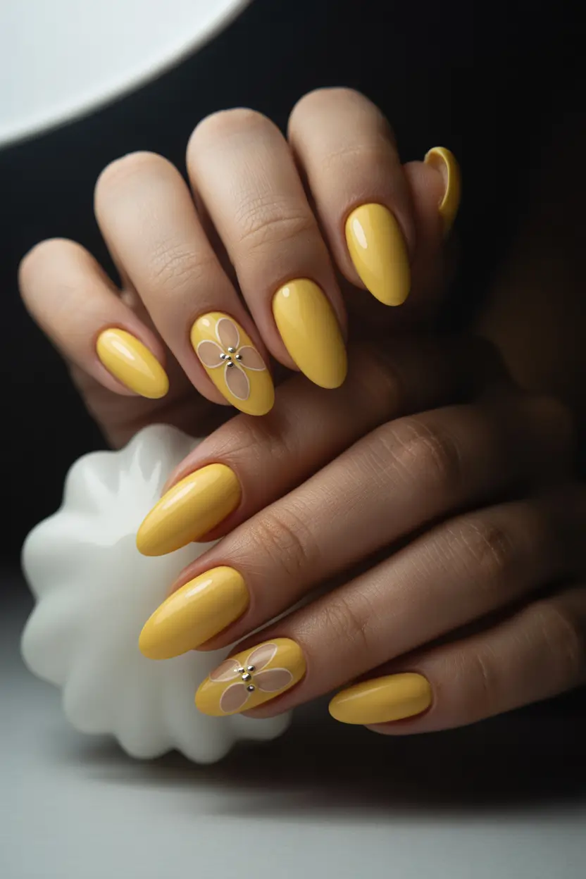 stylish spring nail colors 2026 sunny yellow almond bloom 18