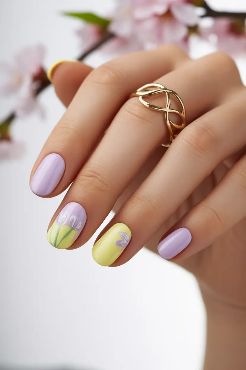 stylish spring nail colors 2026 lavender lemon short duo 19