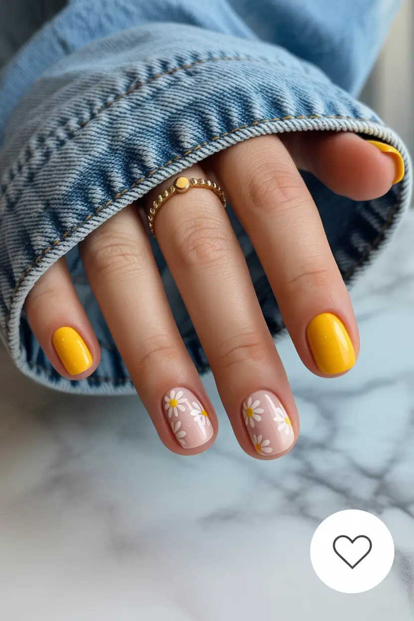 stylish spring nail colors 2026 sunny yellow daisy short nails 7
