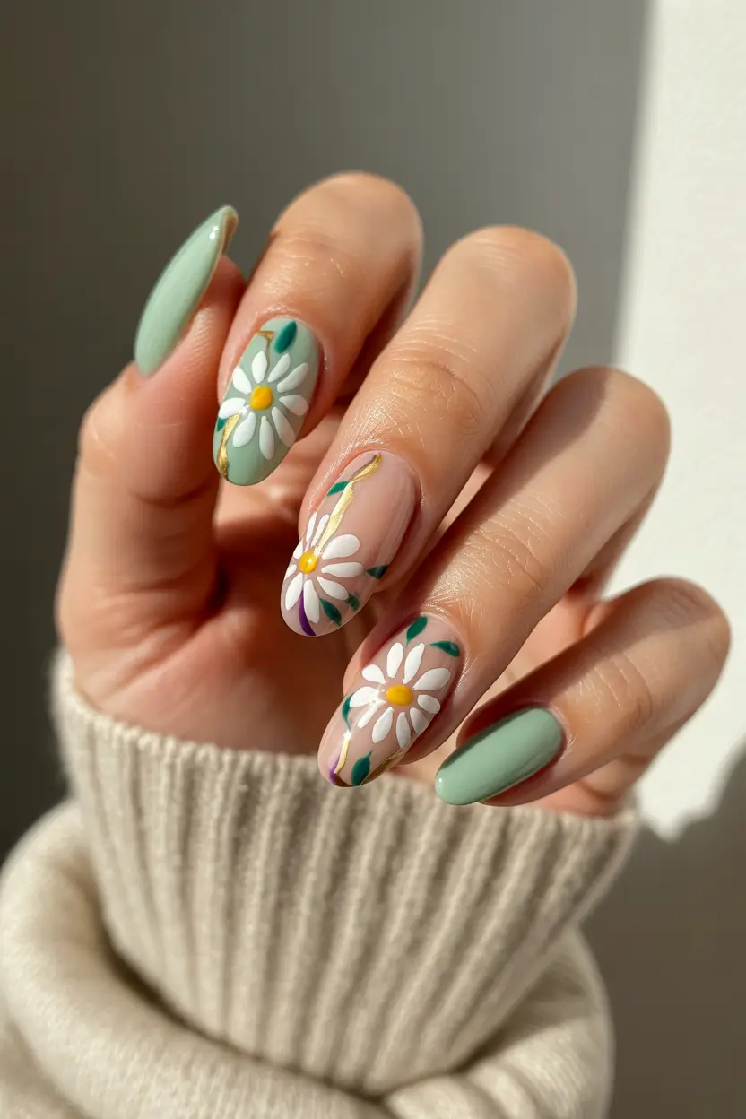 stylish spring nail inspo 2026 Sage Daisy Garden Almond 11