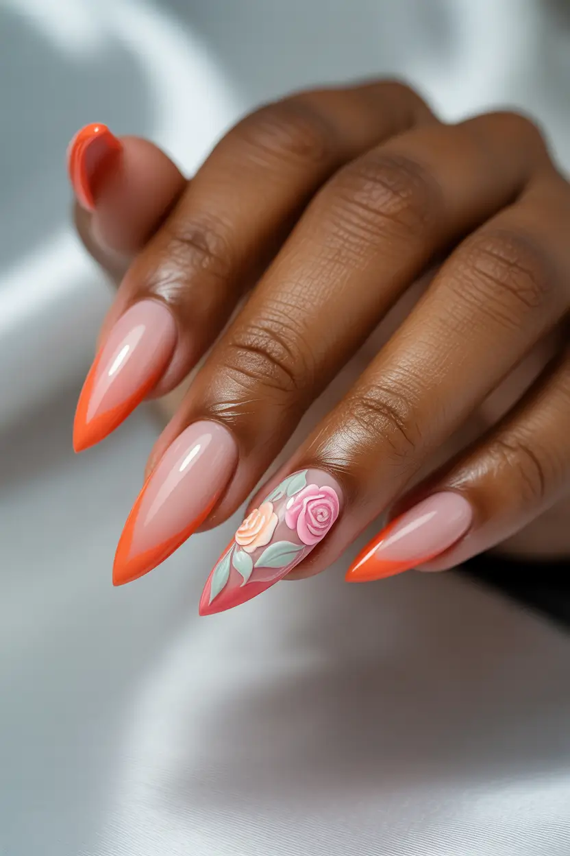 stylish spring nail inspo 2026 Coral Edge French with 3D Roses 13