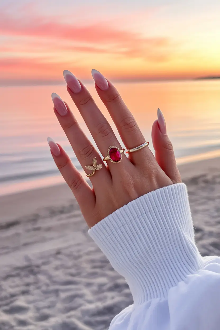 stylish spring nail inspo 2026 Soft Blush Sunset Almond 14