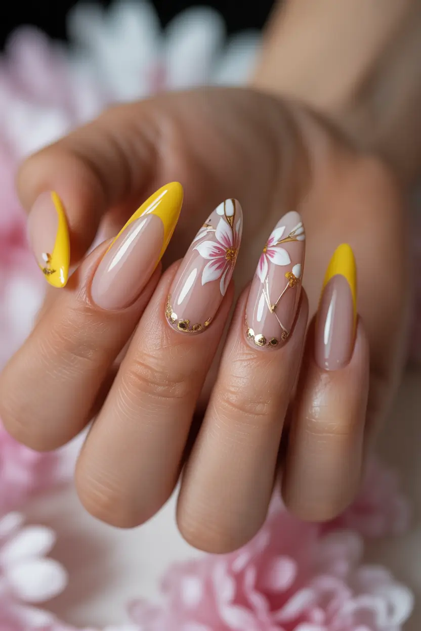stylish spring nail inspo 2026 Sunlit Yellow Floral Glam 16