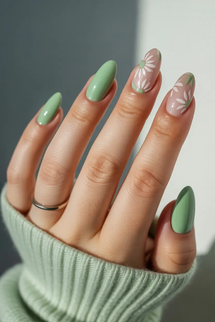 stylish spring nail inspo 2026 Mint Daisy Almond Fresh 18