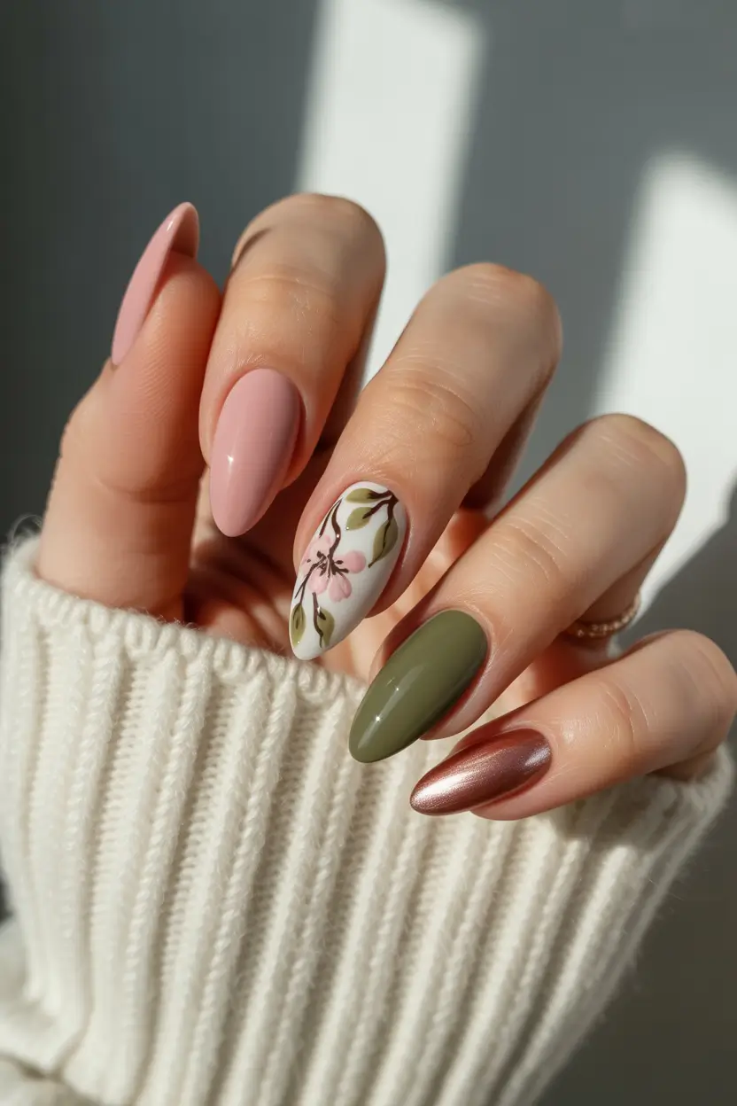 stylish spring nail inspo 2026 Olive Floral Accent with Metallic Edge 19