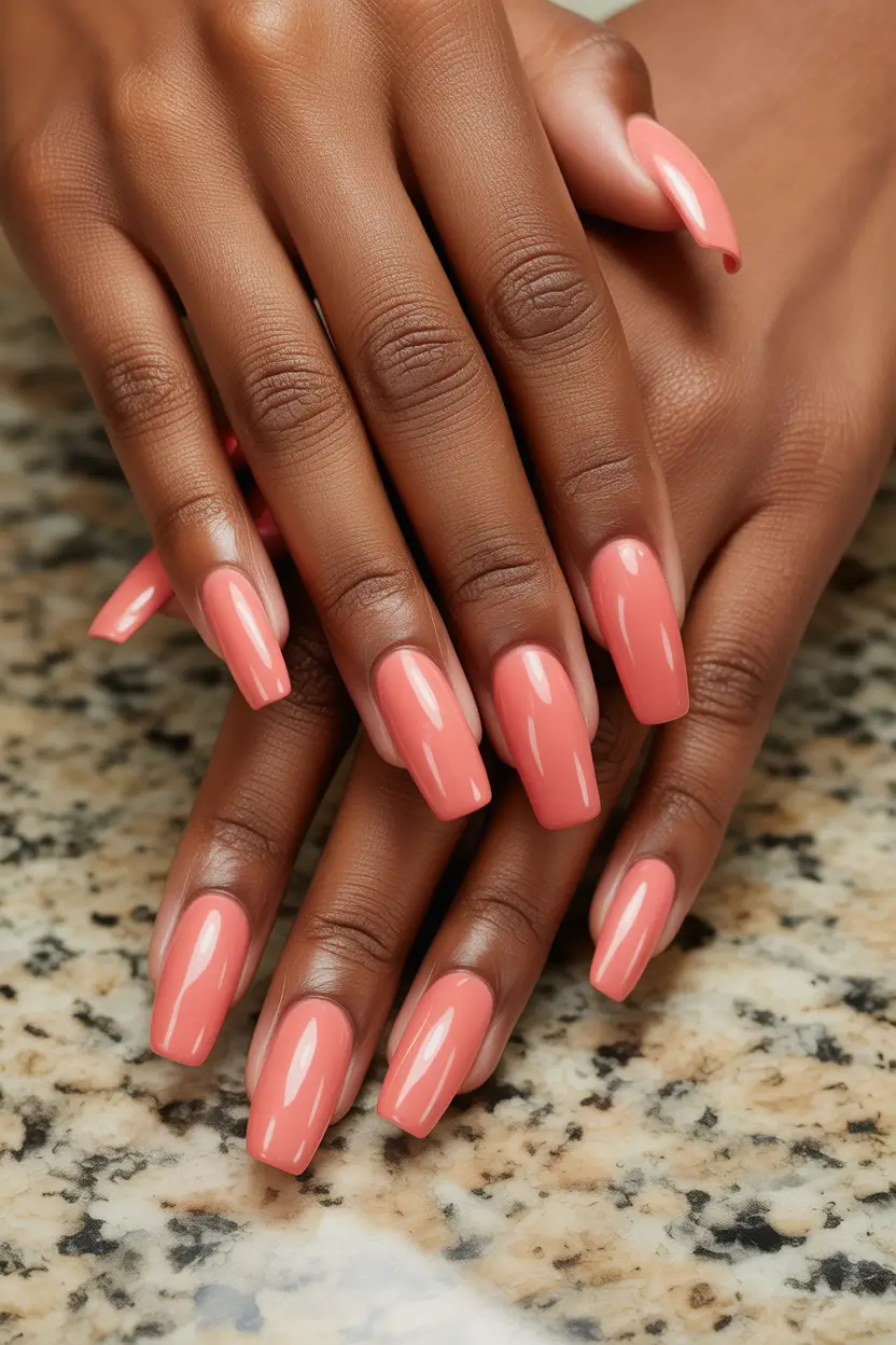 stylish spring nail inspo 2026 Glossy Coral Square That Feels Effortless