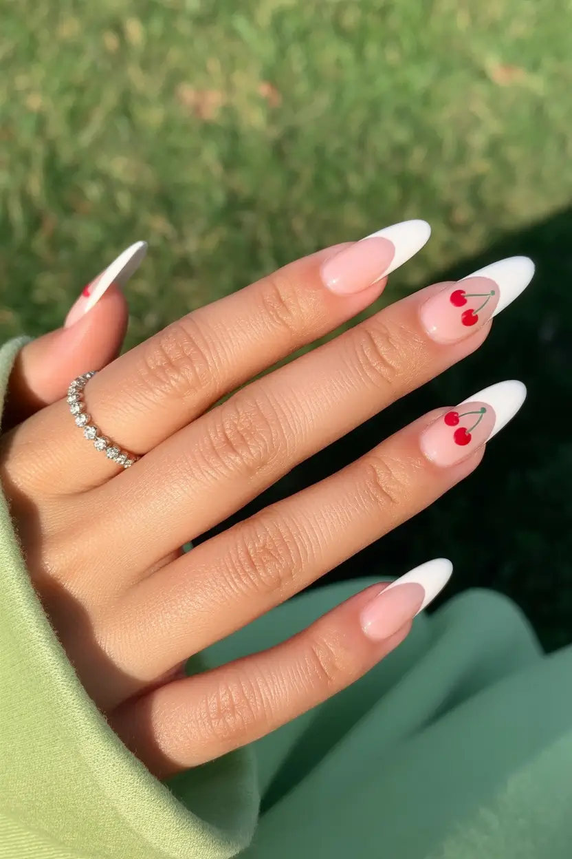 stylish spring nail inspo 2026 Cherry French Tip Almond with a Playful Twist