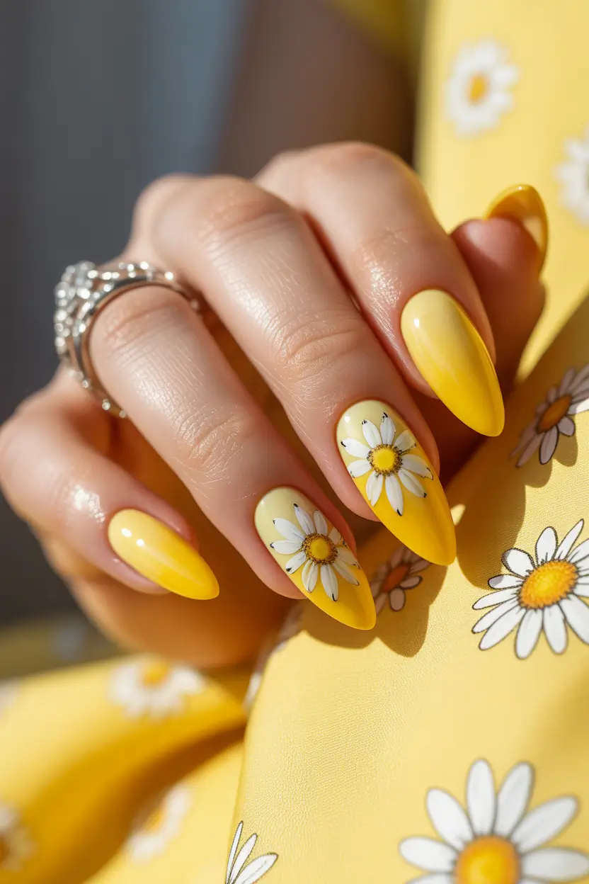 stylish spring nail inspo 2026 Sunny Daisy Almond for Blooming Days
