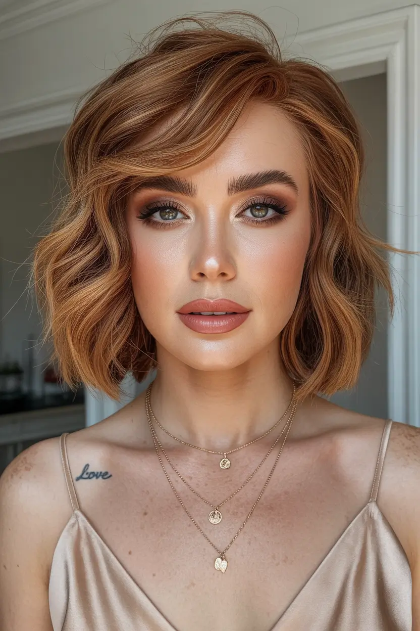 stylish spring short hairstyles 2026 Soft Copper Textured Bob With Side Volume