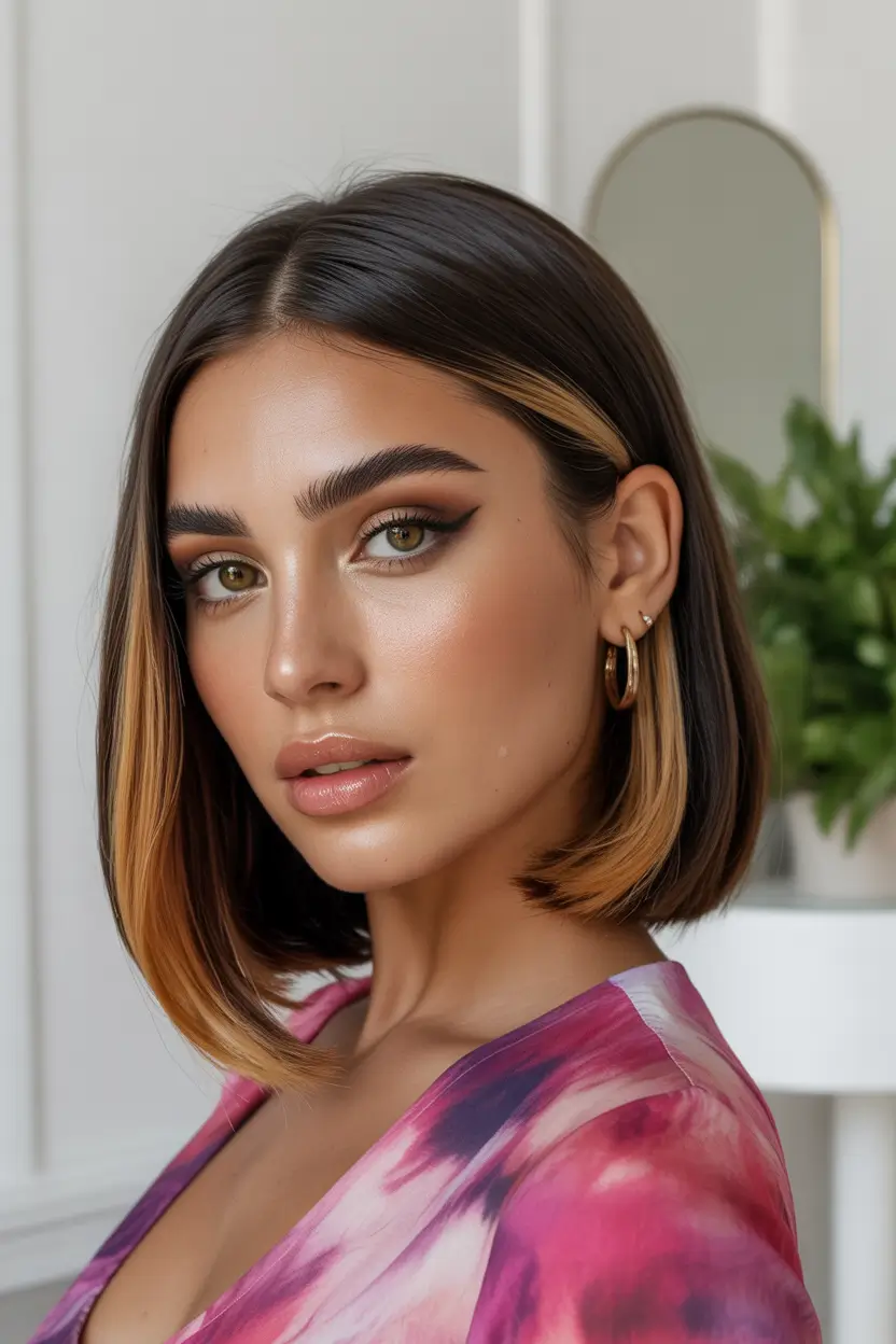 stylish spring short hairstyles 2026 Glossy Angled Bob With Caramel Face Frame 11