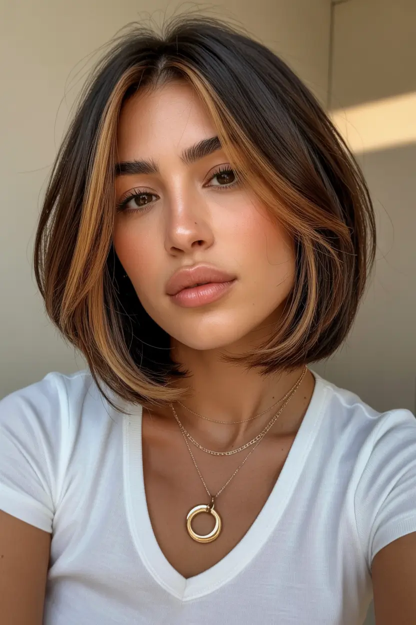 stylish spring short hairstyles 2026 Soft Brunette Bob With Face Framing Highlights