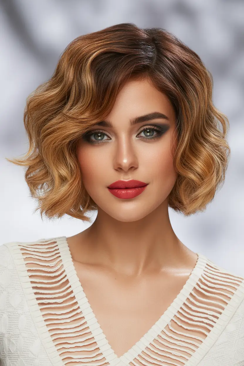 trendy spring bob haircut 2026 golden caramel sculpted bob with voluminous waves 6