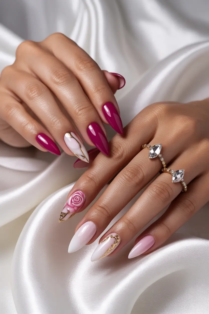 spring break nails 2026 berry glam almond with gold accents