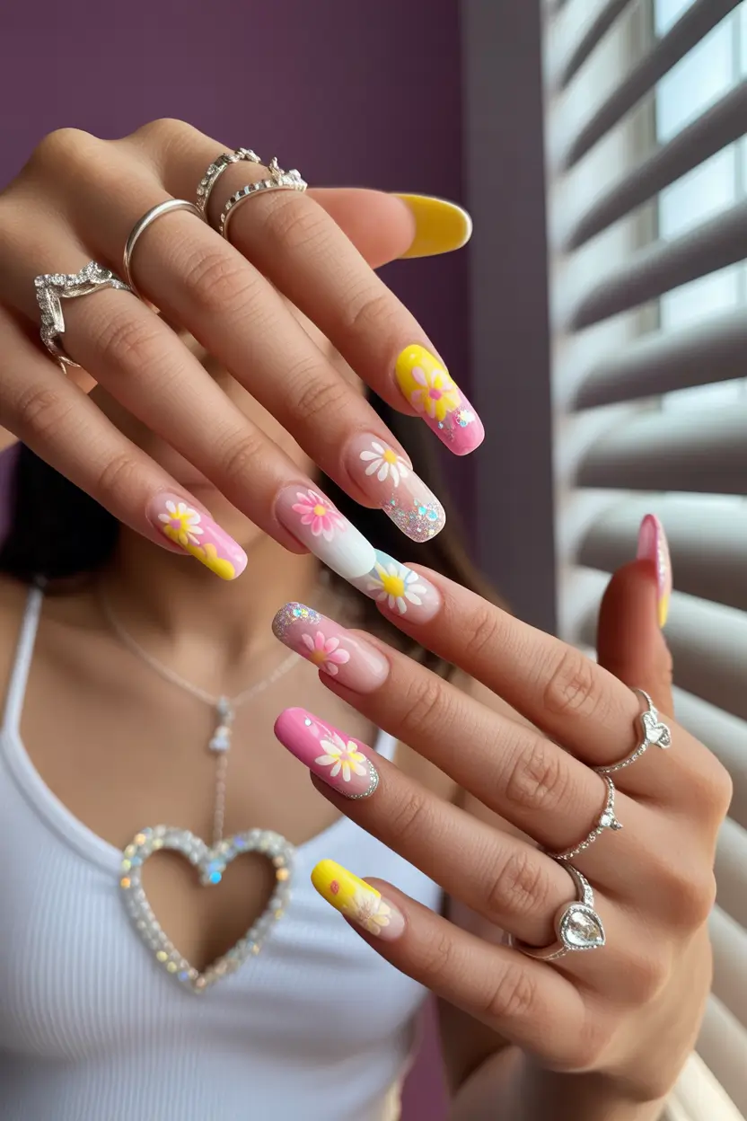 spring break nails 2026 daisy glitter garden square 14