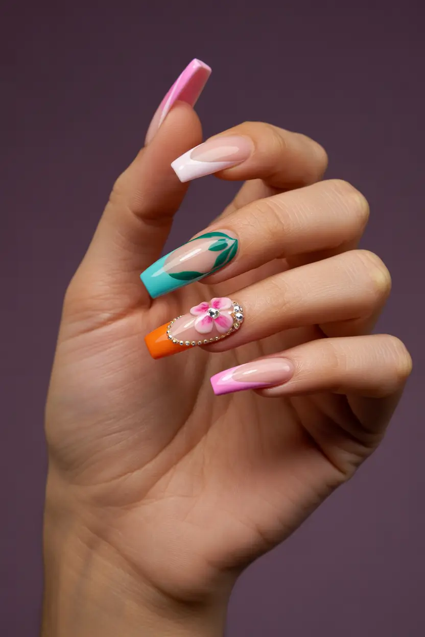 spring break nails 2026 color block floral coffin 17