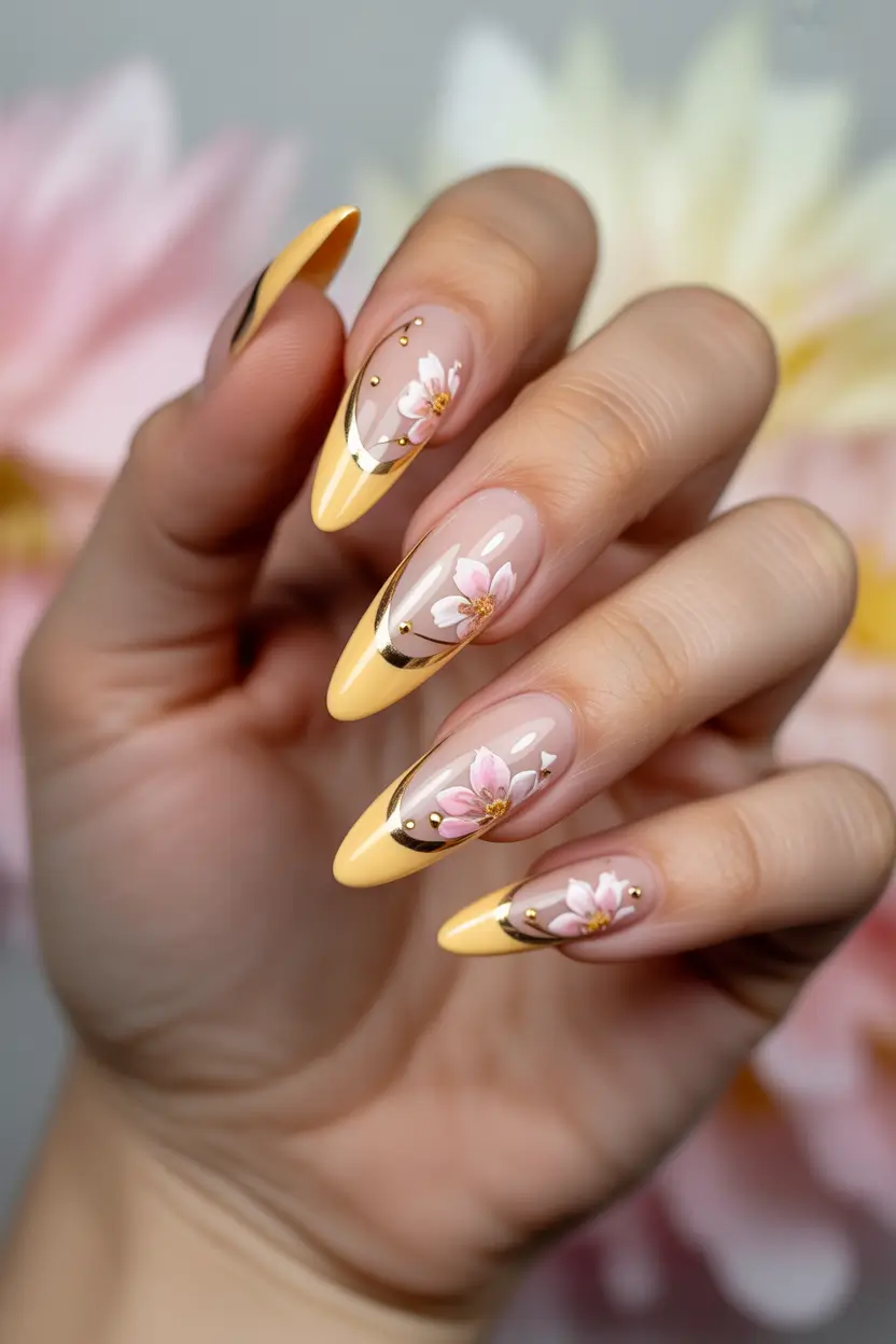 spring break nails 2026 butter yellow floral french 18