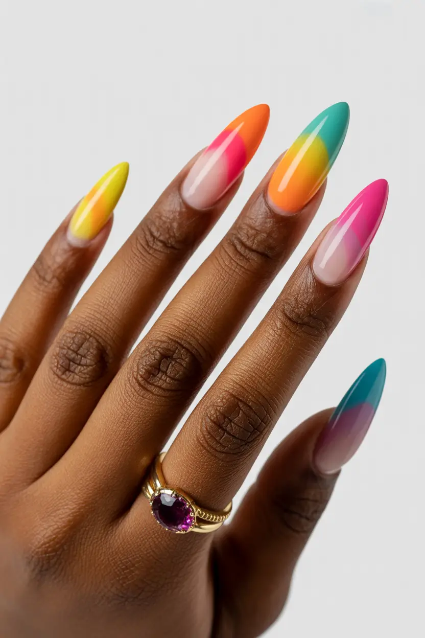 spring break nails 2026 neon rainbow almond fade 19
