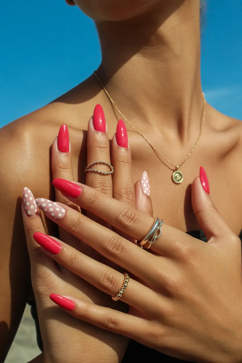 spring break nails 2026 hot coral beach almond