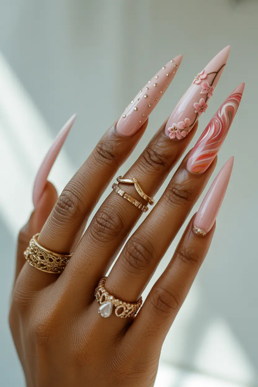 spring break nails 2026 blush 3d floral stiletto